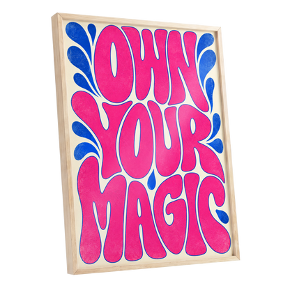 Electric Magic, pink, blue, beige abstract wall art shown as a oak framed poster wall art print
