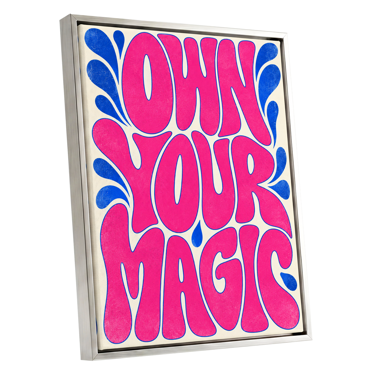 Electric Magic, pink, blue, beige abstract wall art shown as a silver framed canvas wall art