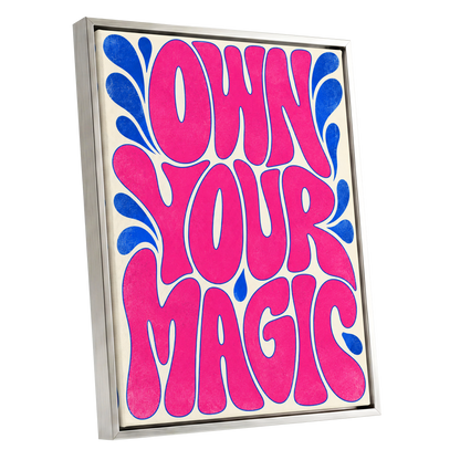 Electric Magic, pink, blue, beige abstract wall art shown as a silver framed canvas wall art