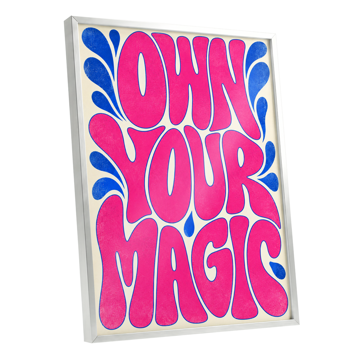 Electric Magic, pink, blue, beige abstract wall art shown as a silver framed poster wall art print
