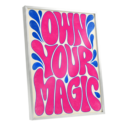 Electric Magic, pink, blue, beige abstract wall art shown as a silver framed poster wall art print