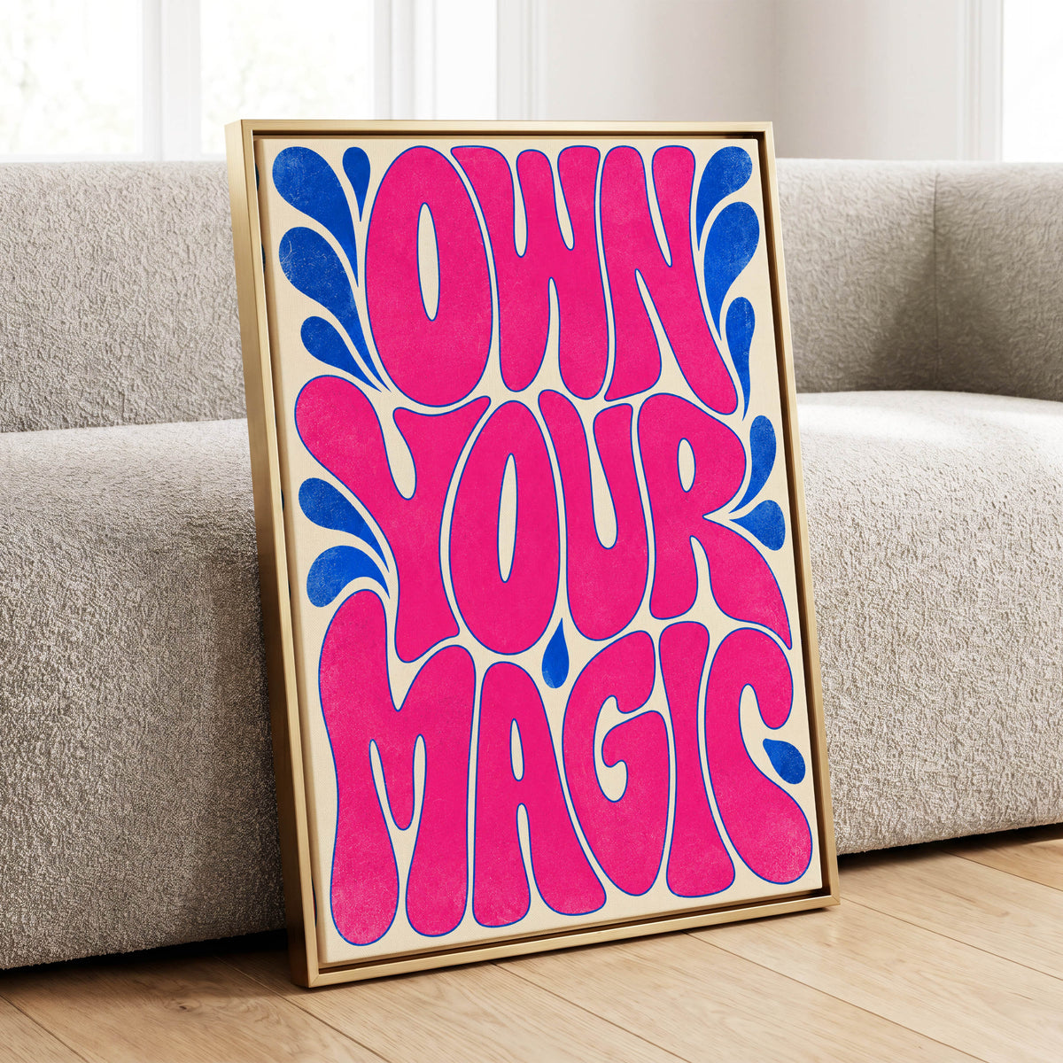 Electric Magic, pink, blue, beige abstract wall art displayed in a styled interior, gallery view 1