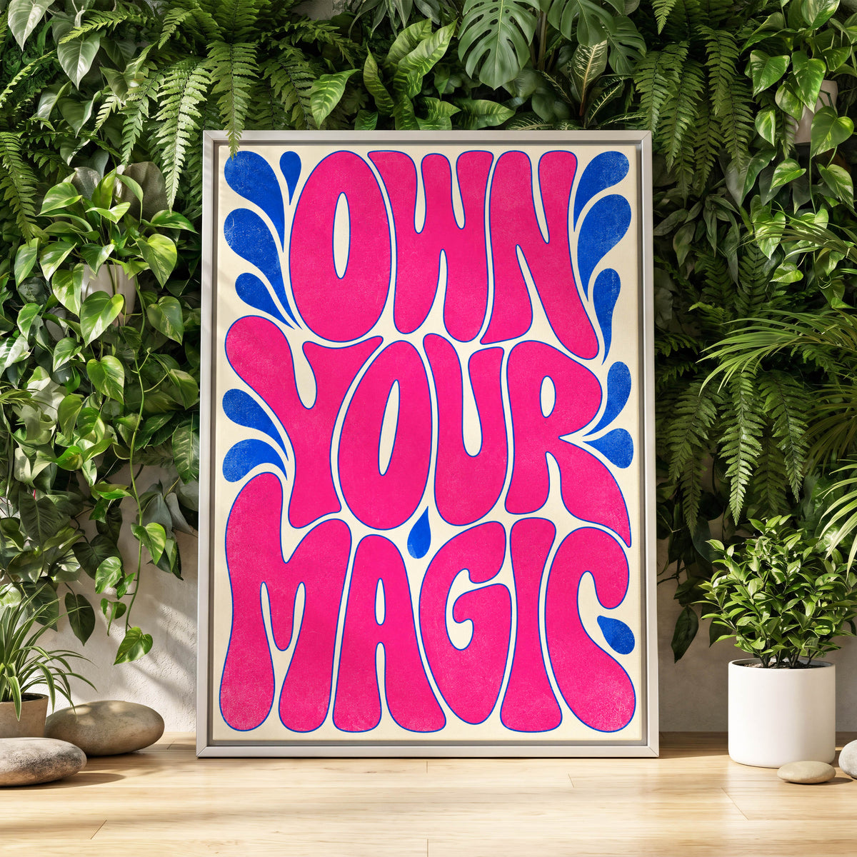 Electric Magic, pink, blue, beige abstract wall art displayed in a styled interior, gallery view 2