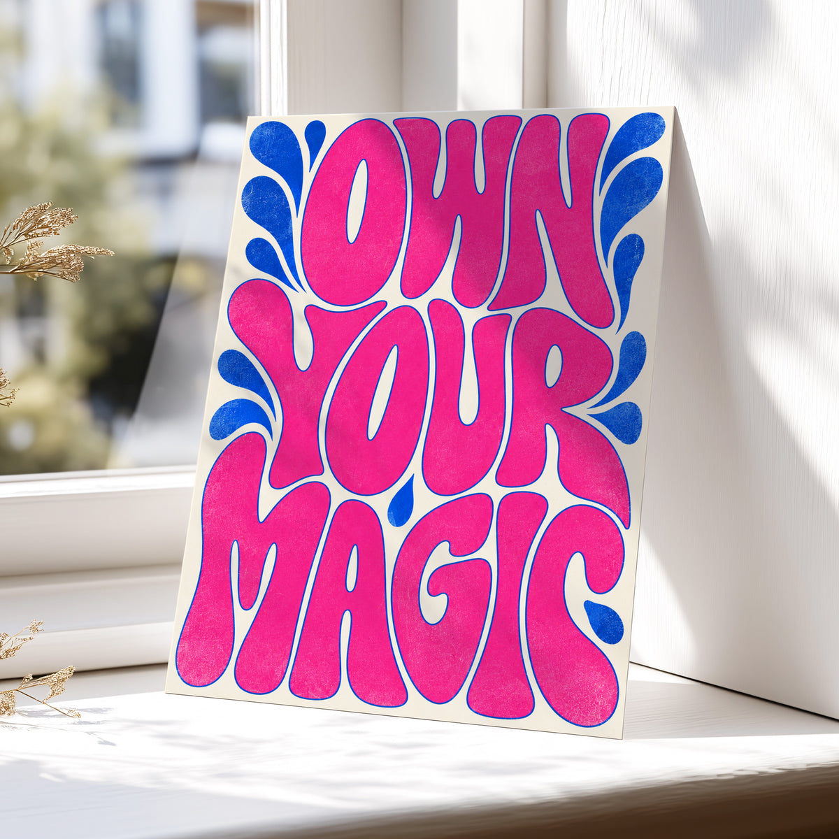 Electric Magic, pink, blue, beige abstract wall art displayed in a styled interior, gallery view 5