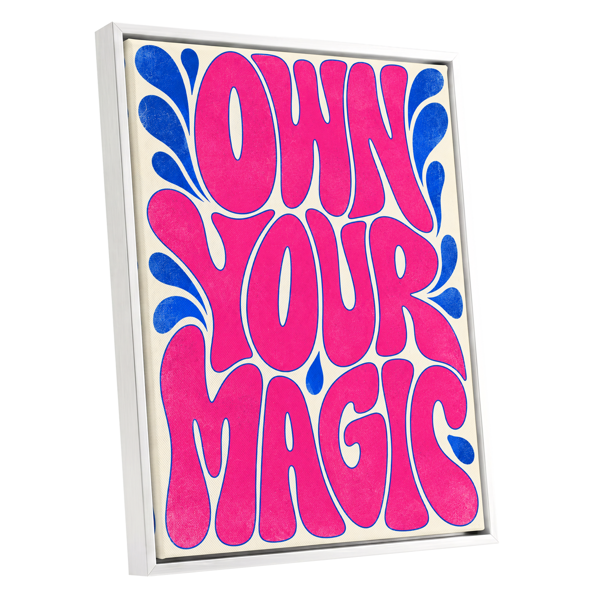 Electric Magic, pink, blue, beige abstract wall art shown as a white framed canvas wall art