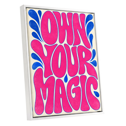 Electric Magic, pink, blue, beige abstract wall art shown as a white framed canvas wall art