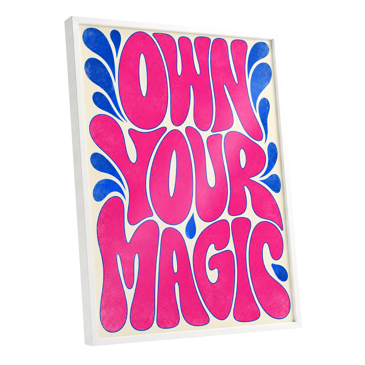 Electric Magic, pink, blue, beige abstract wall art shown as a white framed poster wall art print