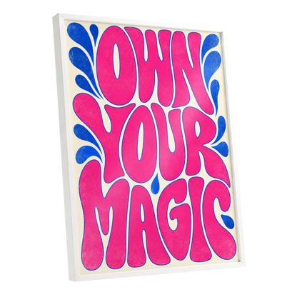 Electric Magic, pink, blue, beige abstract wall art shown as a white framed poster wall art print