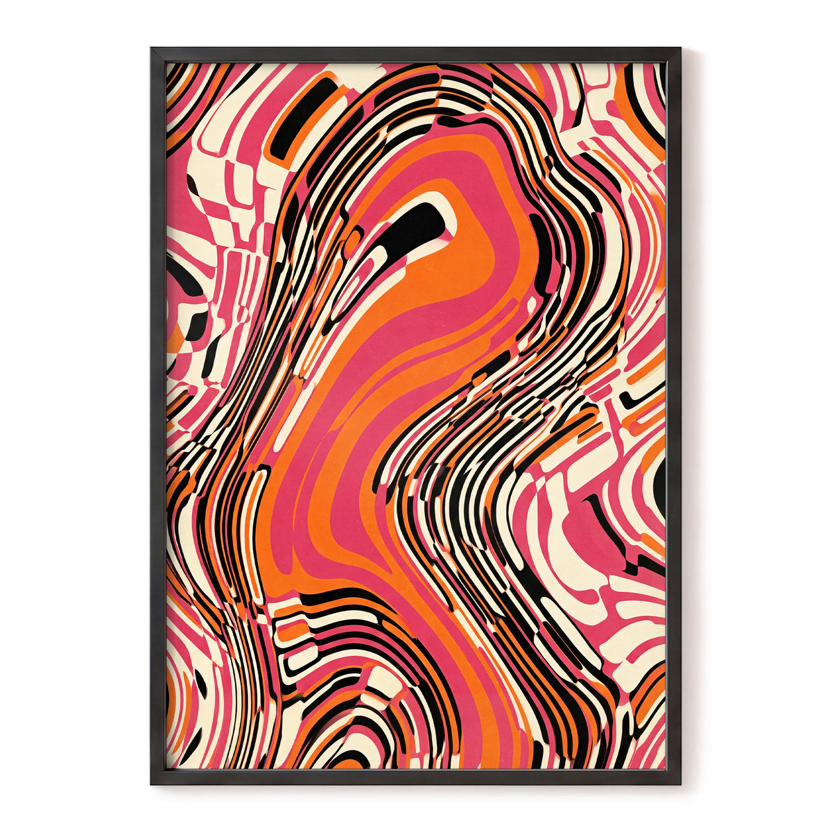 Electric Marbling, pink, orange, black abstract wall art, front artwork view