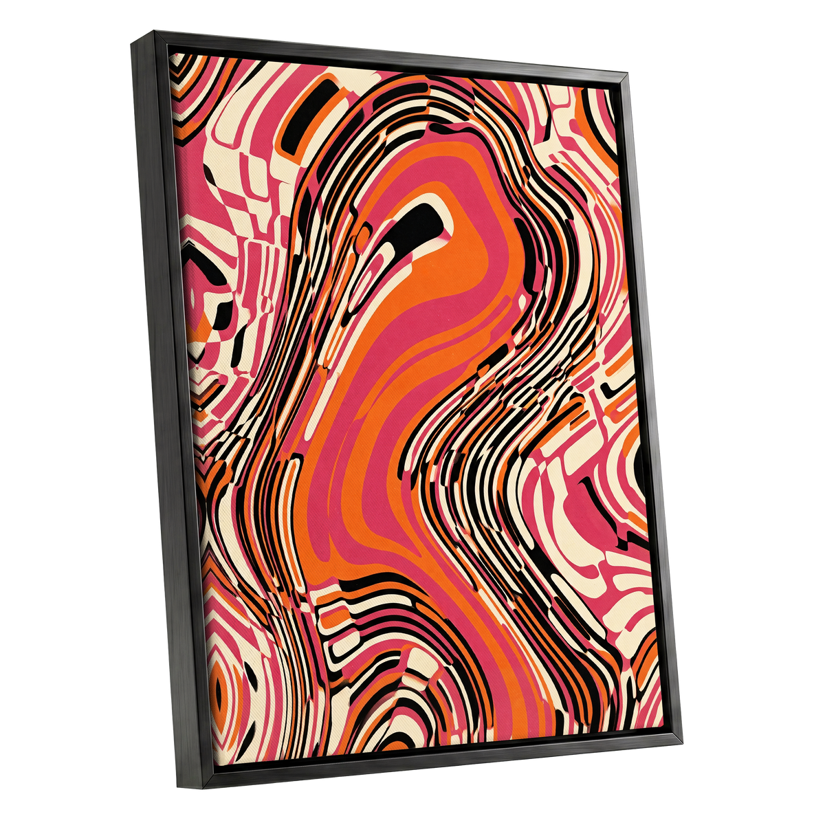 Electric Marbling, pink, orange, black abstract wall art shown as a black framed canvas wall art