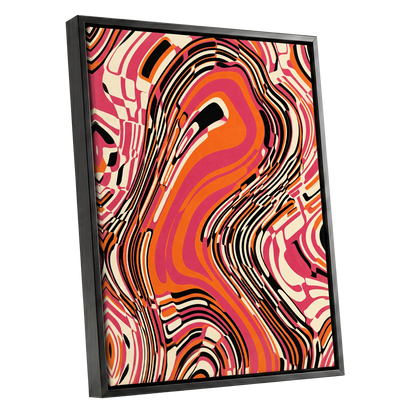 Electric Marbling, pink, orange, black abstract wall art shown as a black framed canvas wall art