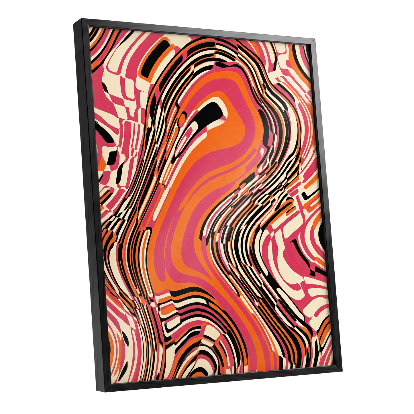 Electric Marbling, pink, orange, black abstract wall art shown as a black framed poster wall art print