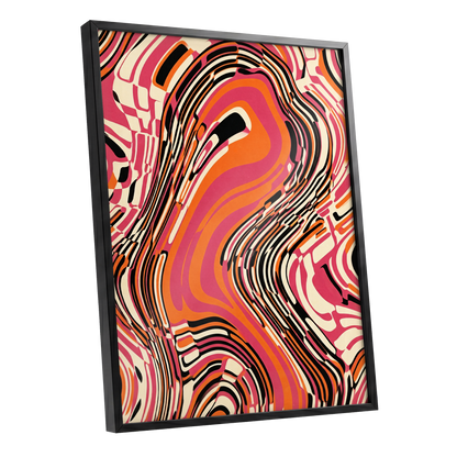 Electric Marbling, pink, orange, black abstract wall art shown as a black framed poster wall art print