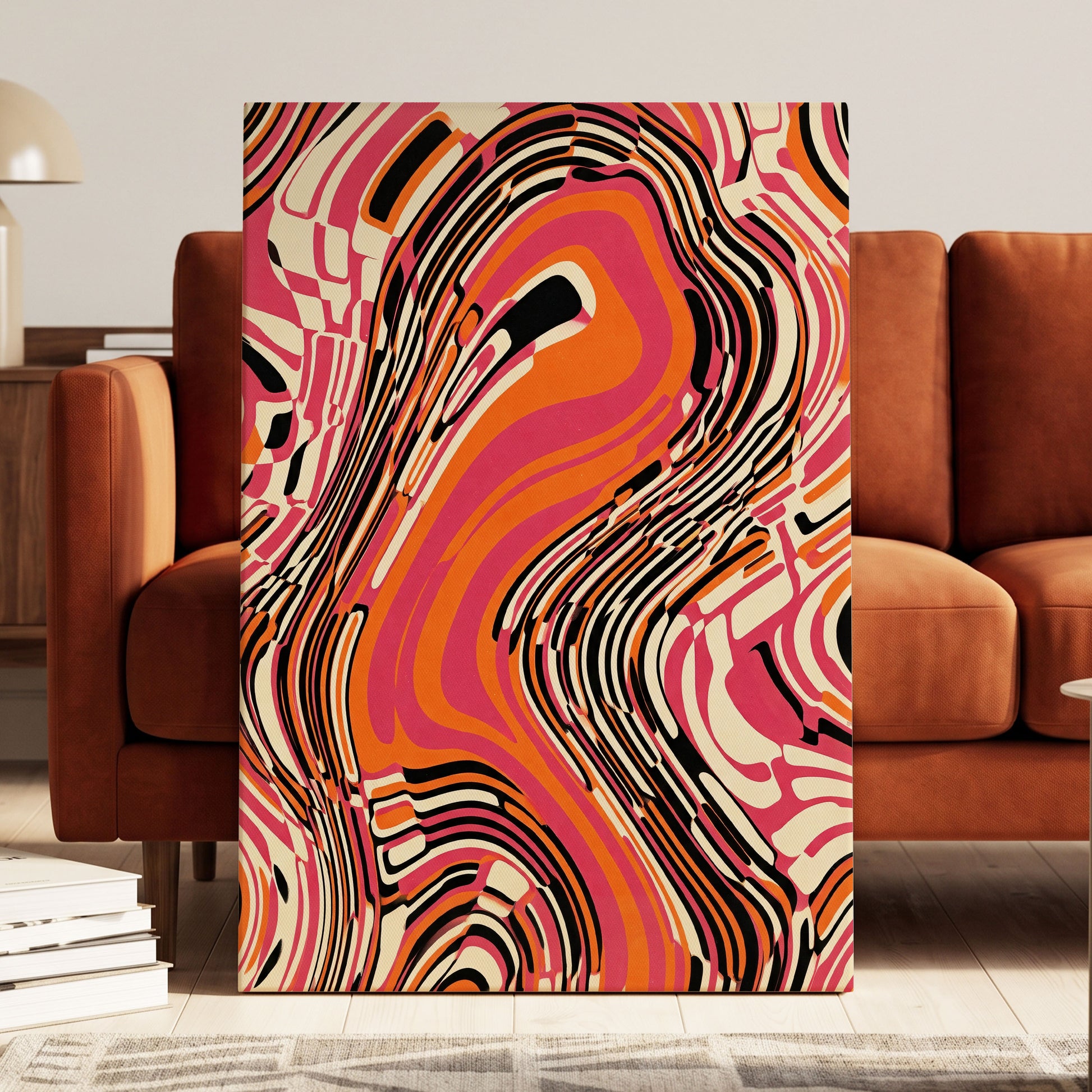 Electric Marbling, pink, orange, black abstract wall art on canvas displayed in a styled interior, gallery view 1