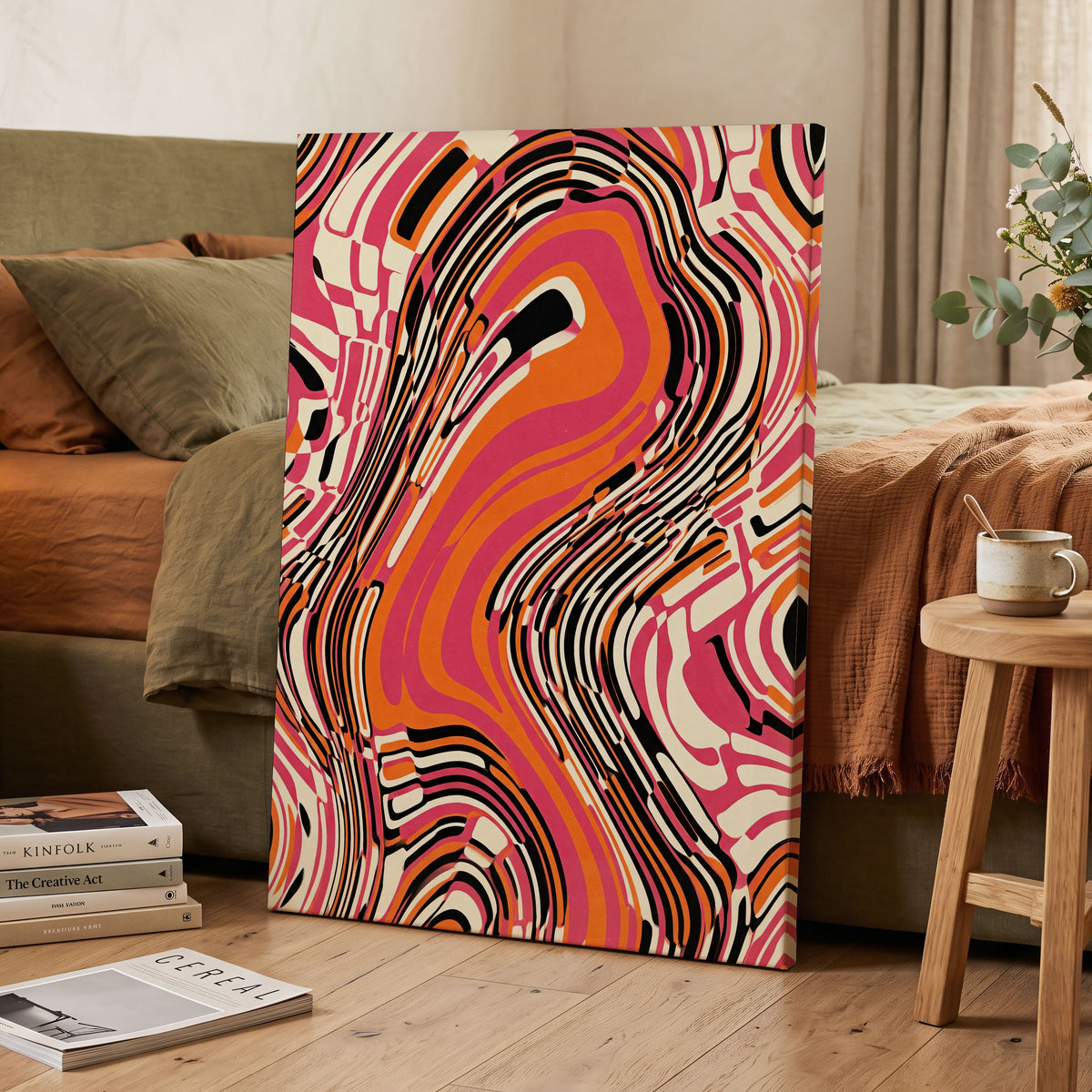 Electric Marbling, pink, orange, black abstract wall art on canvas displayed in a styled interior, gallery view 2