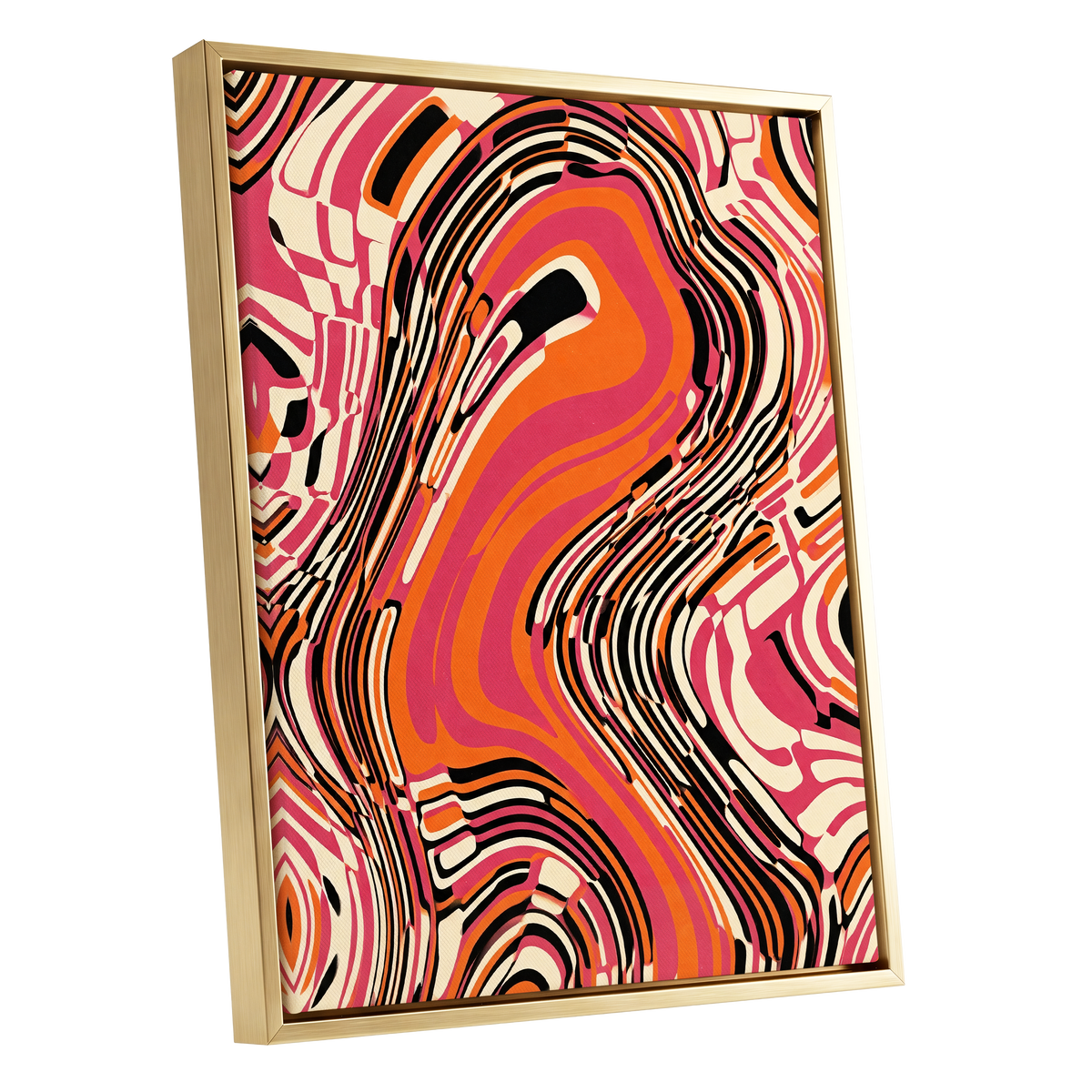 Electric Marbling, pink, orange, black abstract wall art shown as a gold framed canvas wall art