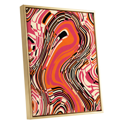 Electric Marbling, pink, orange, black abstract wall art shown as a gold framed canvas wall art