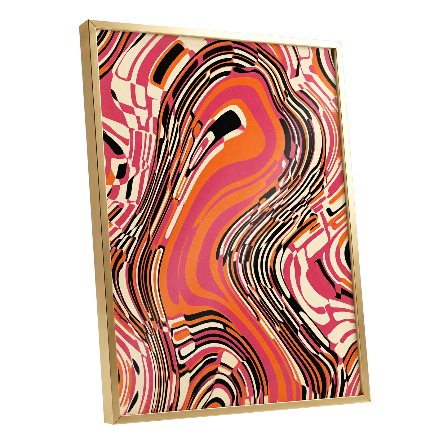 Electric Marbling, pink, orange, black abstract wall art shown as a gold framed poster wall art print