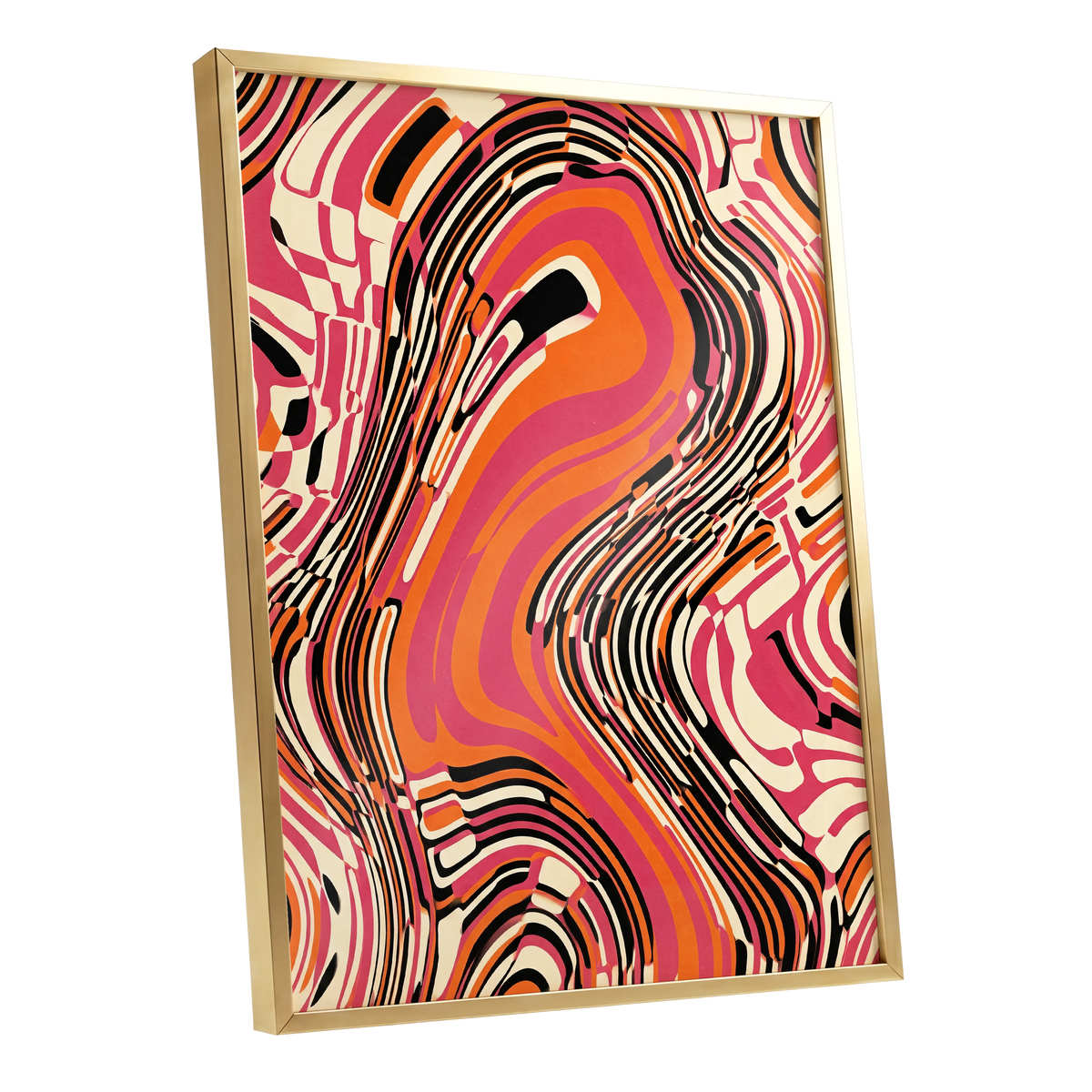 Electric Marbling, pink, orange, black abstract wall art shown as a gold framed poster wall art print