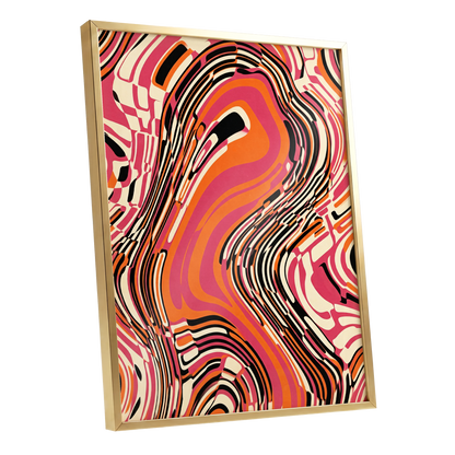 Electric Marbling, pink, orange, black abstract wall art shown as a gold framed poster wall art print