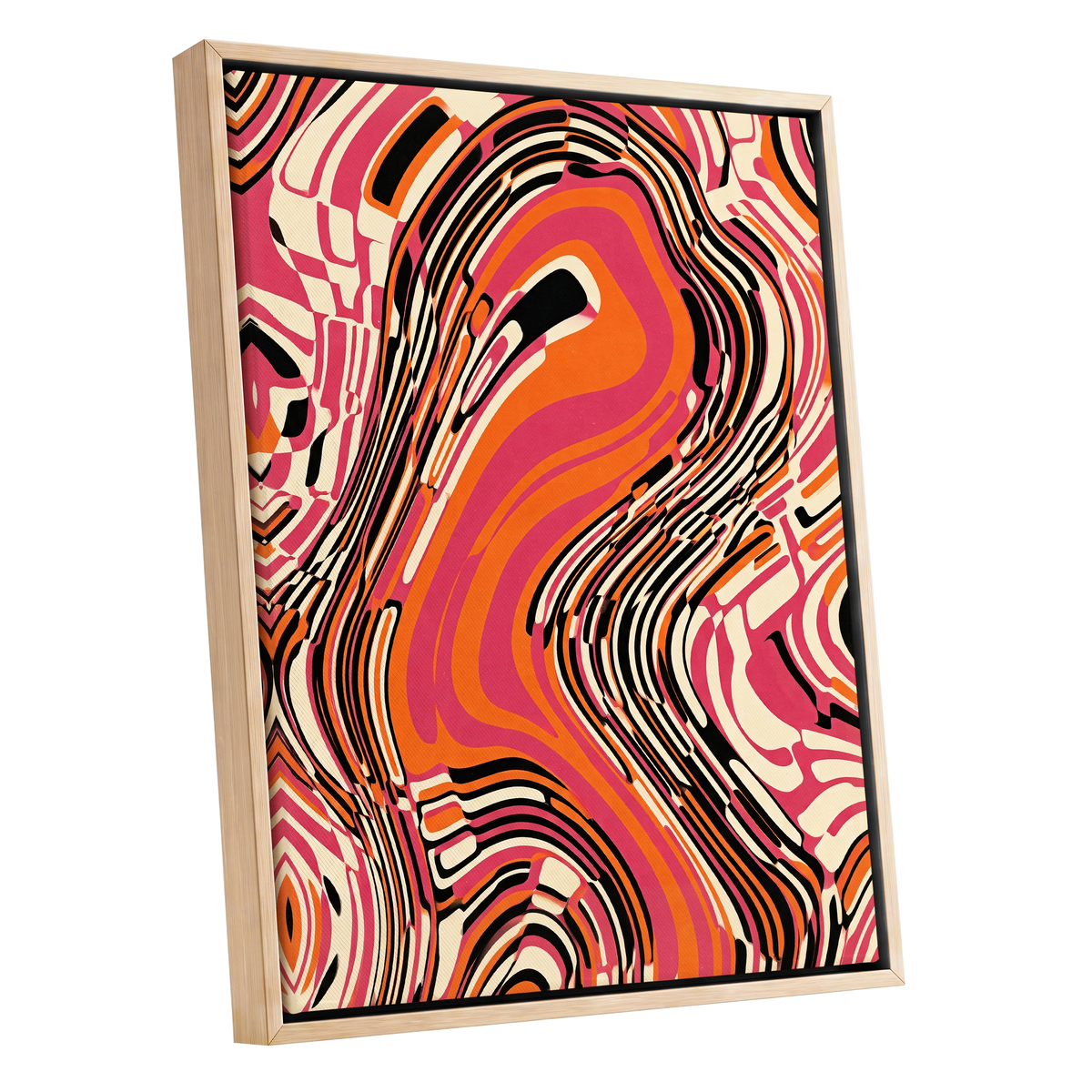Electric Marbling, pink, orange, black abstract wall art shown as a oak framed canvas wall art