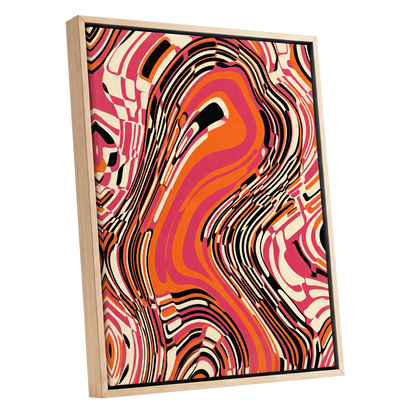 Electric Marbling, pink, orange, black abstract wall art shown as a oak framed canvas wall art