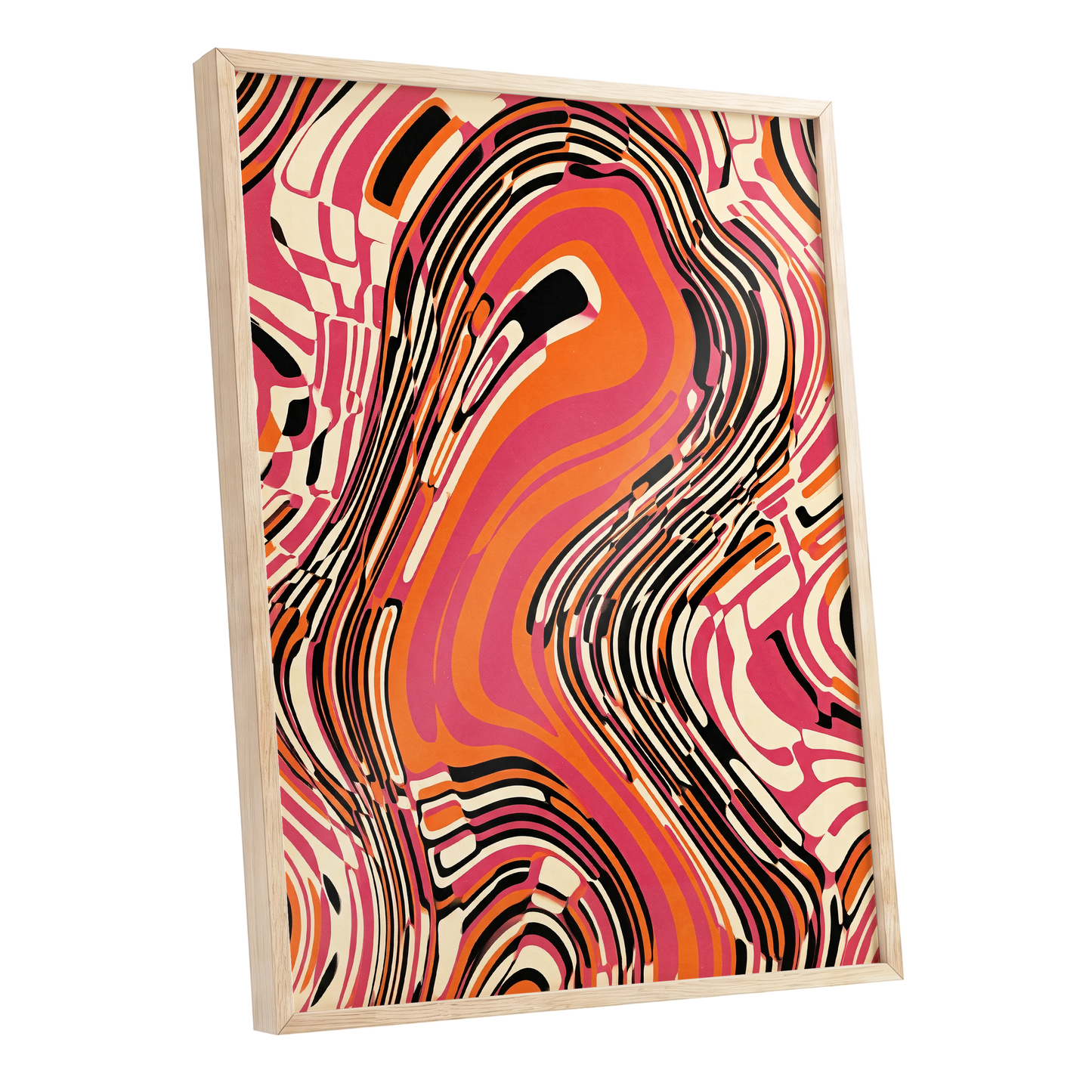 Electric Marbling, pink, orange, black abstract wall art shown as a oak framed poster wall art print
