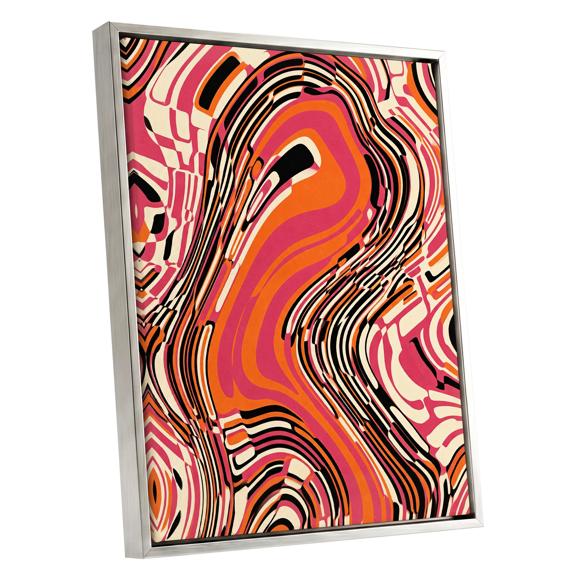 Electric Marbling, pink, orange, black abstract wall art shown as a silver framed canvas wall art