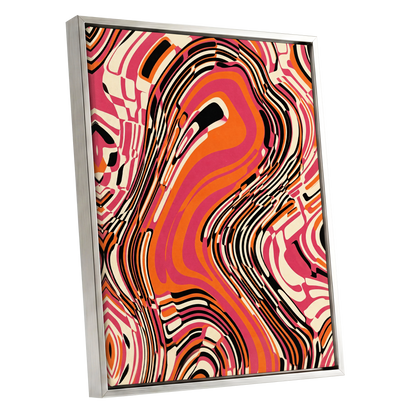Electric Marbling, pink, orange, black abstract wall art shown as a silver framed canvas wall art