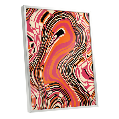Electric Marbling, pink, orange, black abstract wall art shown as a silver framed poster wall art print