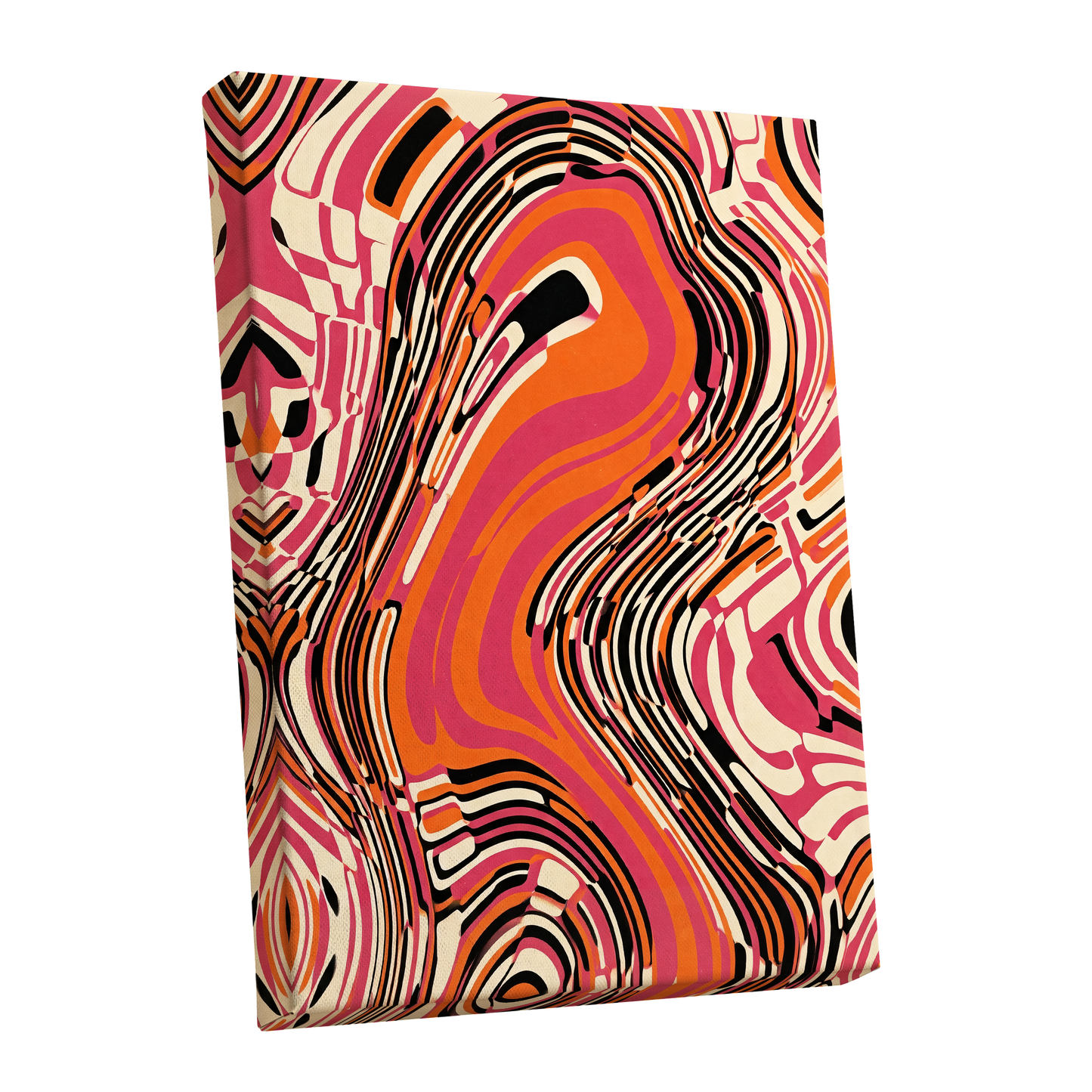 Electric Marbling, pink, orange, black abstract wall art shown as a stretched canvas wall art