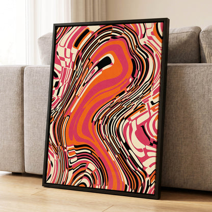 Electric Marbling, pink, orange, black abstract wall art displayed in a styled interior, gallery view 1