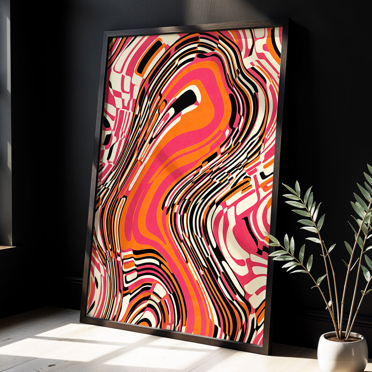 Electric Marbling, pink, orange, black abstract wall art displayed in a styled interior, gallery view 2