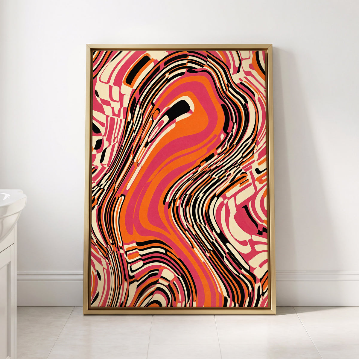 Electric Marbling, pink, orange, black abstract wall art displayed in a styled interior, gallery view 3