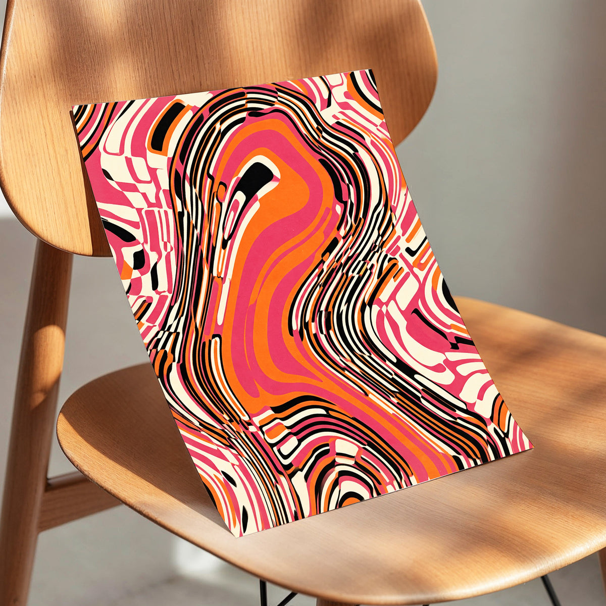 Electric Marbling, pink, orange, black abstract wall art displayed in a styled interior, gallery view 4