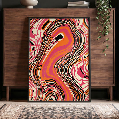 Electric Marbling, pink, orange, black abstract wall art displayed in a styled interior, gallery view 5