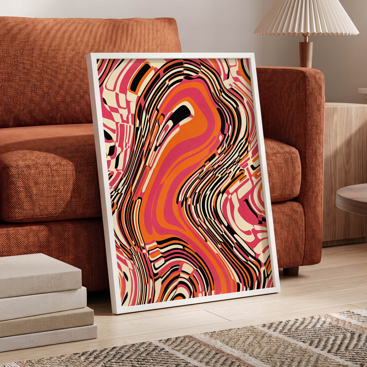 Electric Marbling, pink, orange, black abstract wall art displayed in a styled interior, gallery view 6