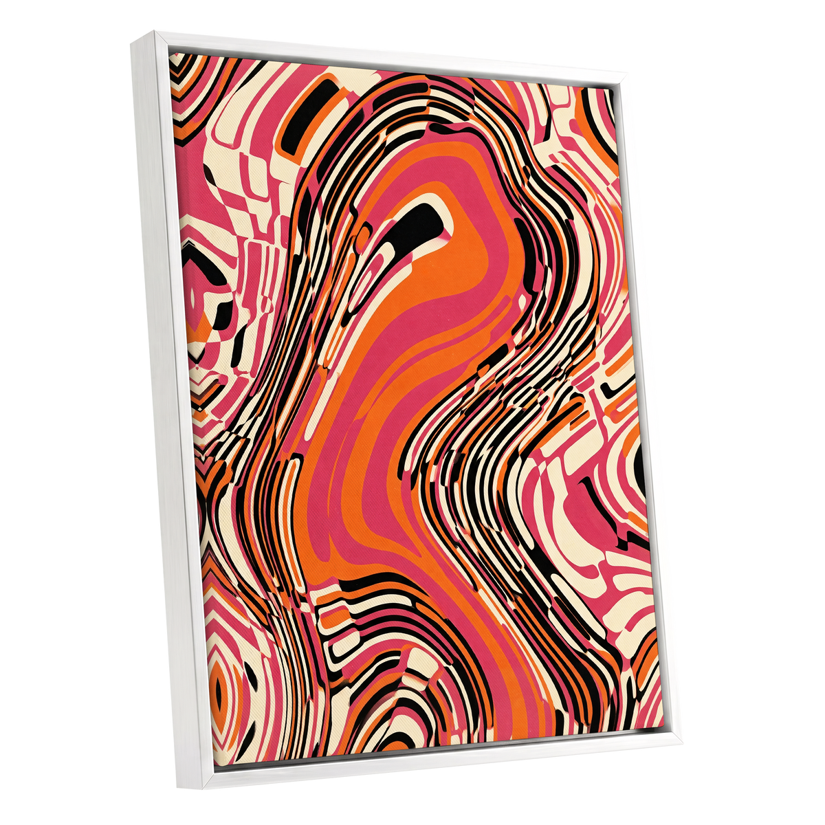 Electric Marbling, pink, orange, black abstract wall art shown as a white framed canvas wall art