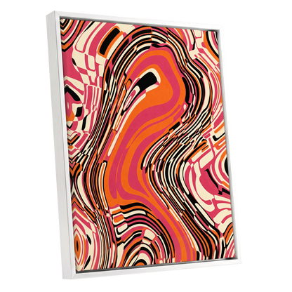 Electric Marbling, pink, orange, black abstract wall art shown as a white framed canvas wall art
