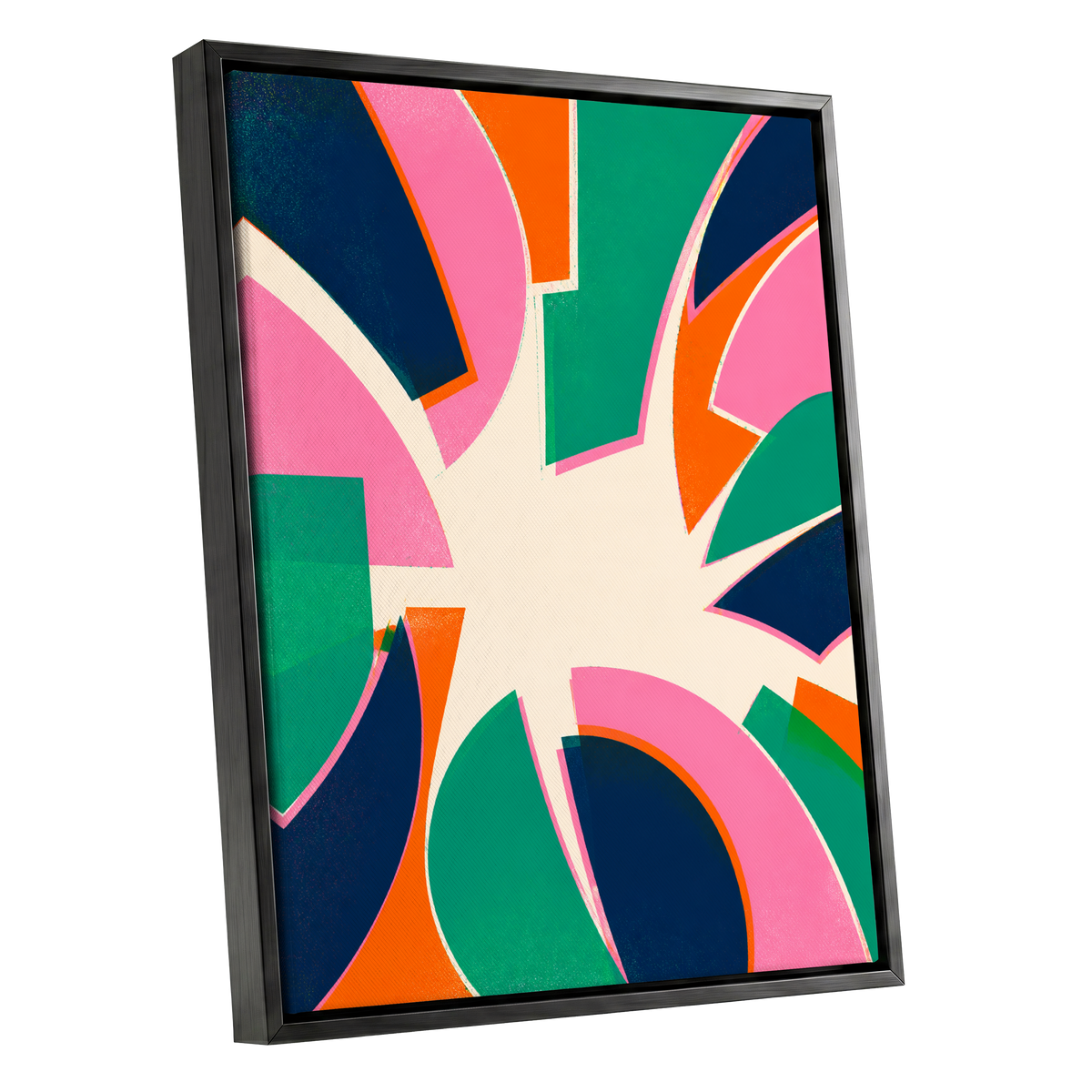 Electric Petalburst, green, pink, blue abstract wall art shown as a black framed canvas wall art