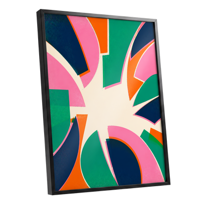 Electric Petalburst, green, pink, blue abstract wall art shown as a black framed poster wall art print