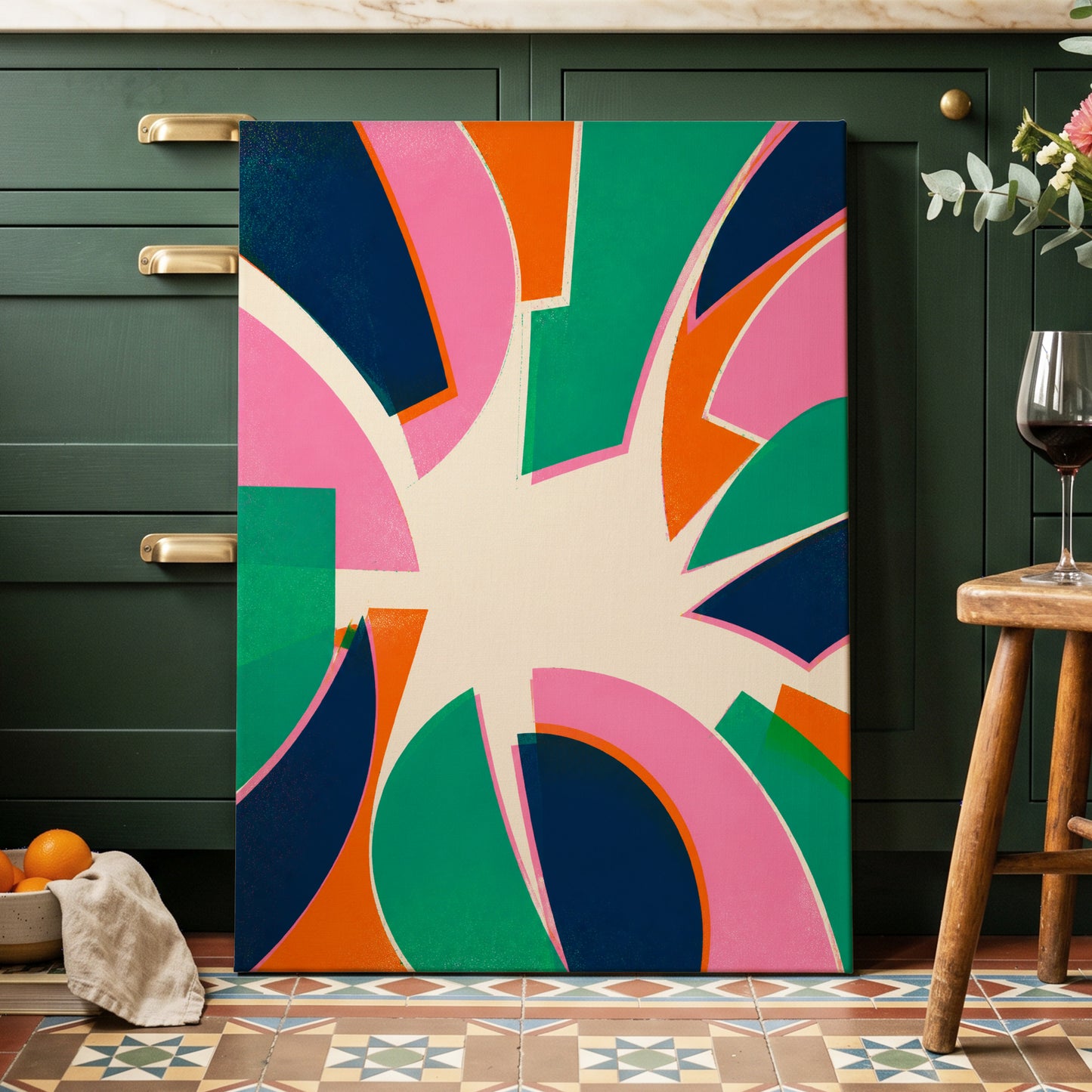 Electric Petalburst, green, pink, blue abstract wall art on canvas displayed in a styled interior, gallery view 1
