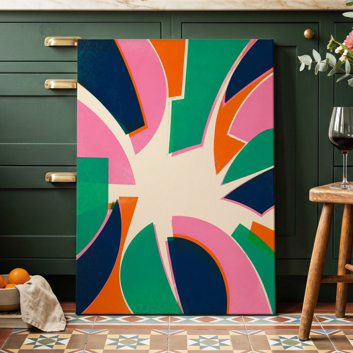Electric Petalburst, green, pink, blue abstract wall art on canvas displayed in a styled interior, gallery view 1