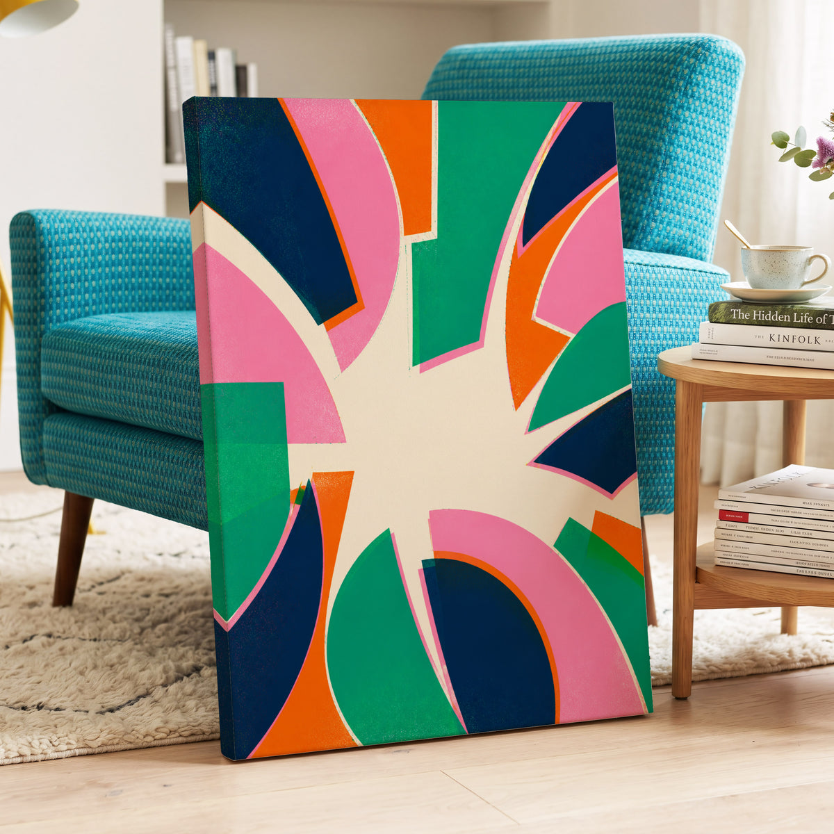 Electric Petalburst, green, pink, blue abstract wall art on canvas displayed in a styled interior, gallery view 2
