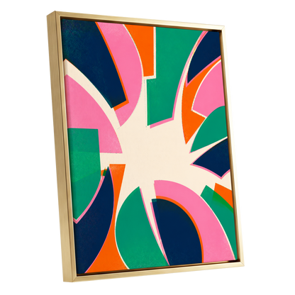 Electric Petalburst, green, pink, blue abstract wall art shown as a gold framed canvas wall art