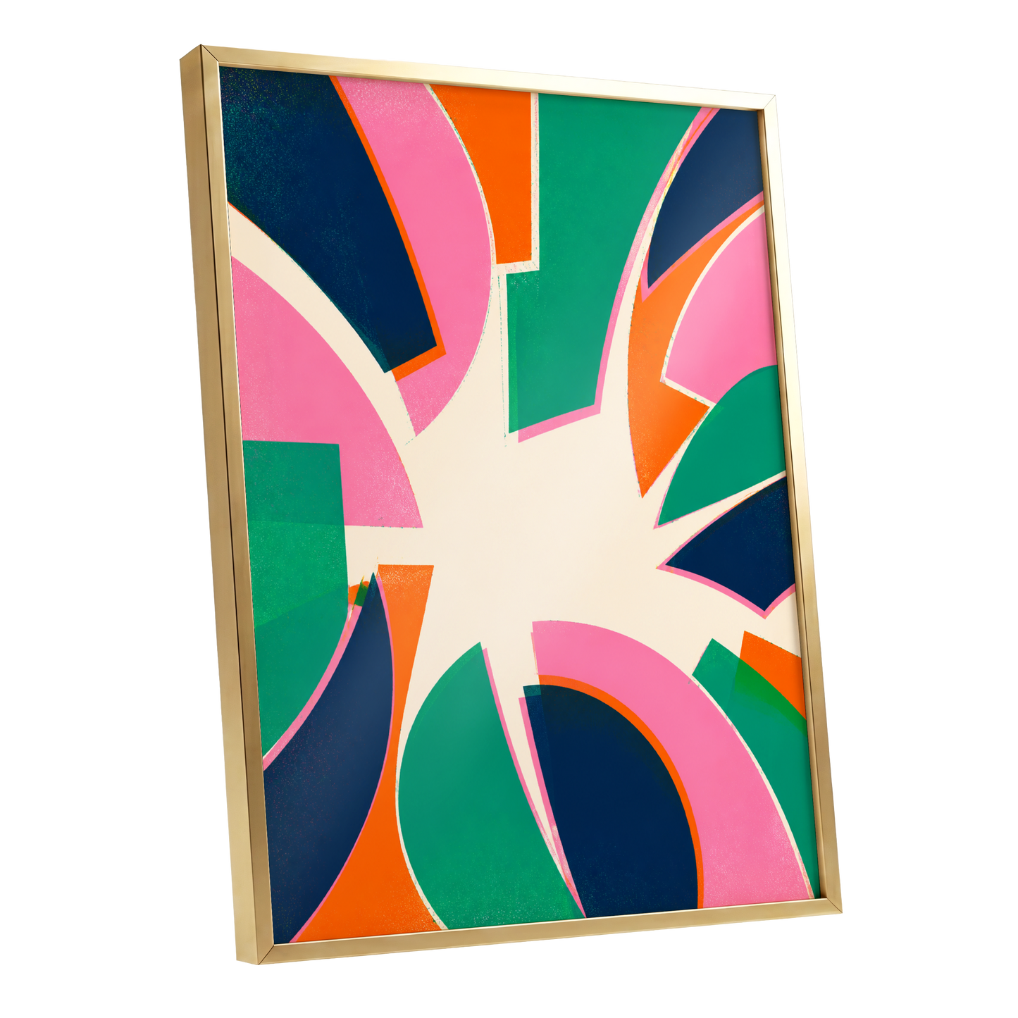 Electric Petalburst, green, pink, blue abstract wall art shown as a gold framed poster wall art print