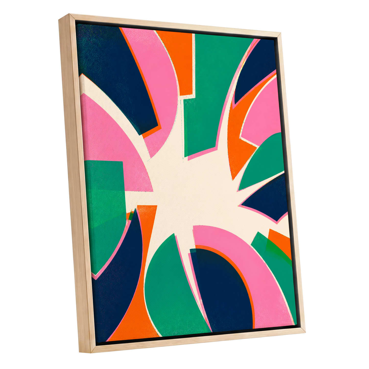 Electric Petalburst, green, pink, blue abstract wall art shown as a oak framed canvas wall art
