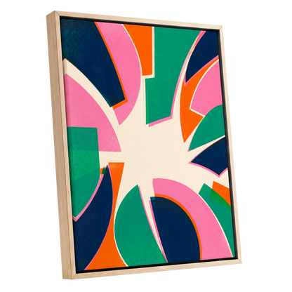Electric Petalburst, green, pink, blue abstract wall art shown as a oak framed canvas wall art