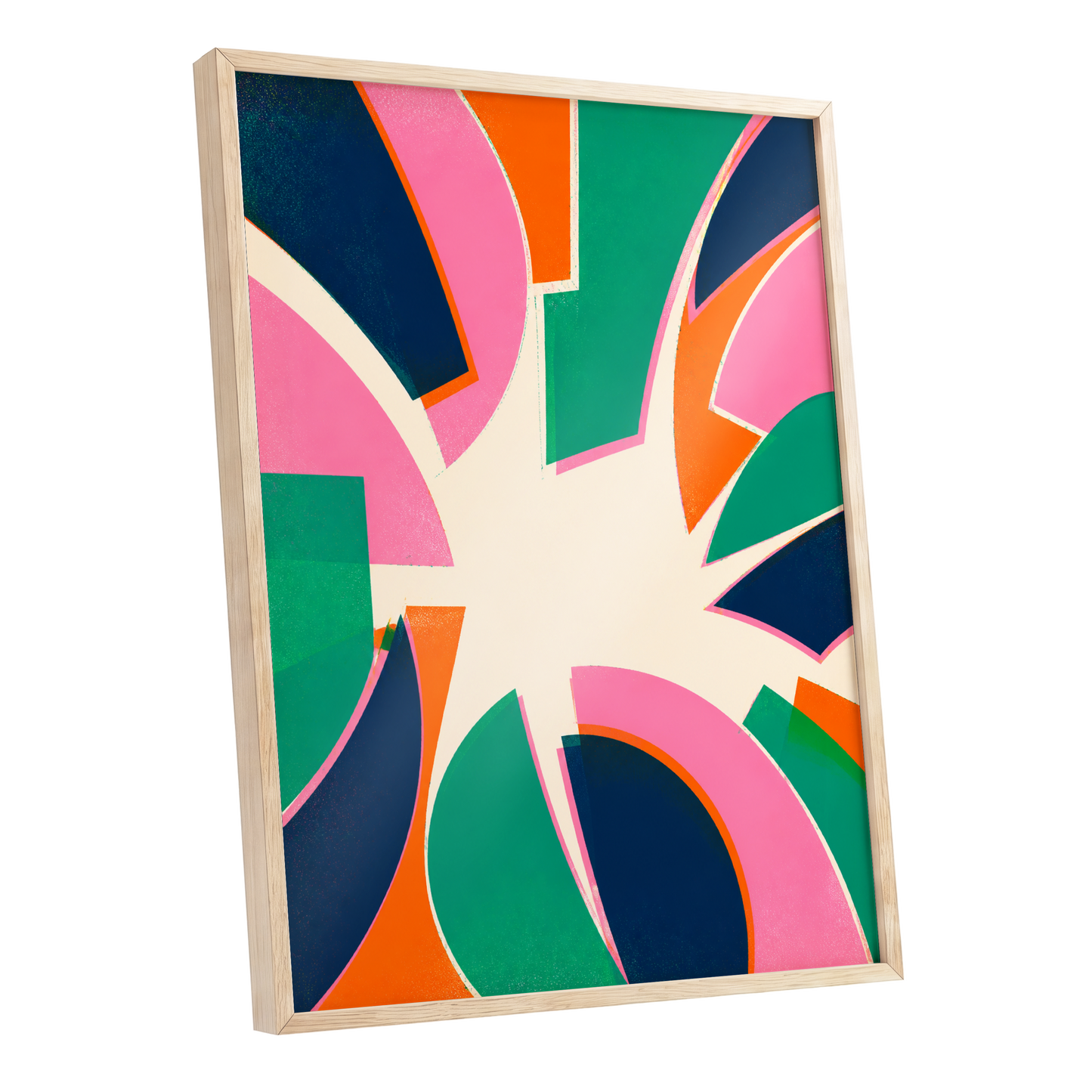 Electric Petalburst, green, pink, blue abstract wall art shown as a oak framed poster wall art print