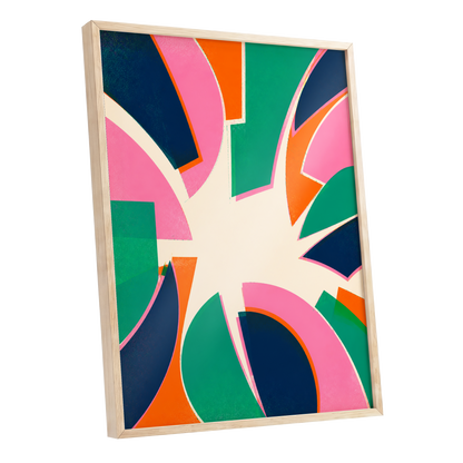 Electric Petalburst, green, pink, blue abstract wall art shown as a oak framed poster wall art print